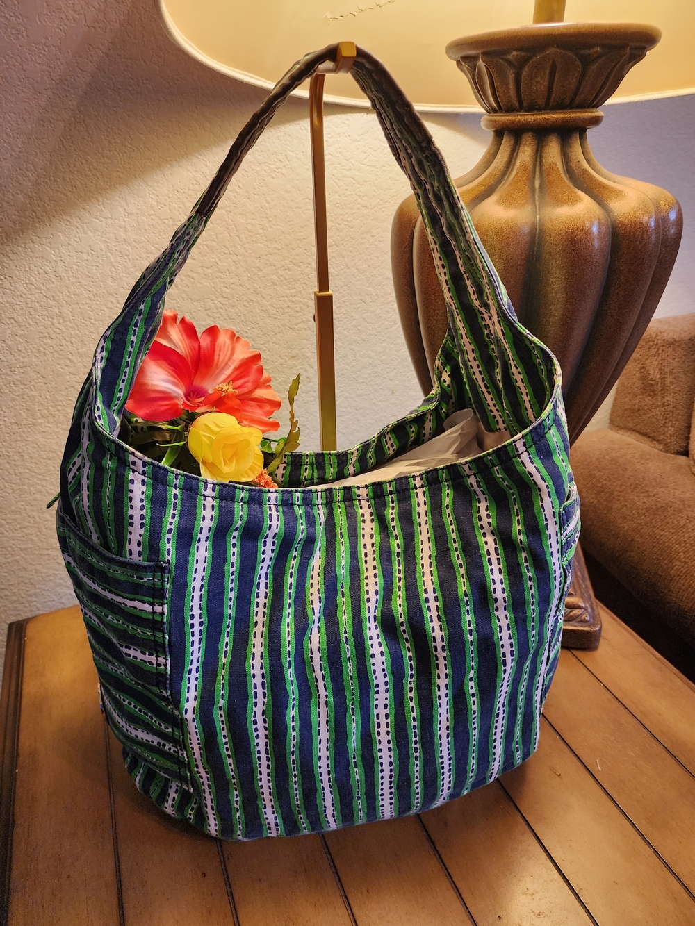 Tory Burch Braeden Hobo Shoulder Bag In Navy, Green & White Stripe